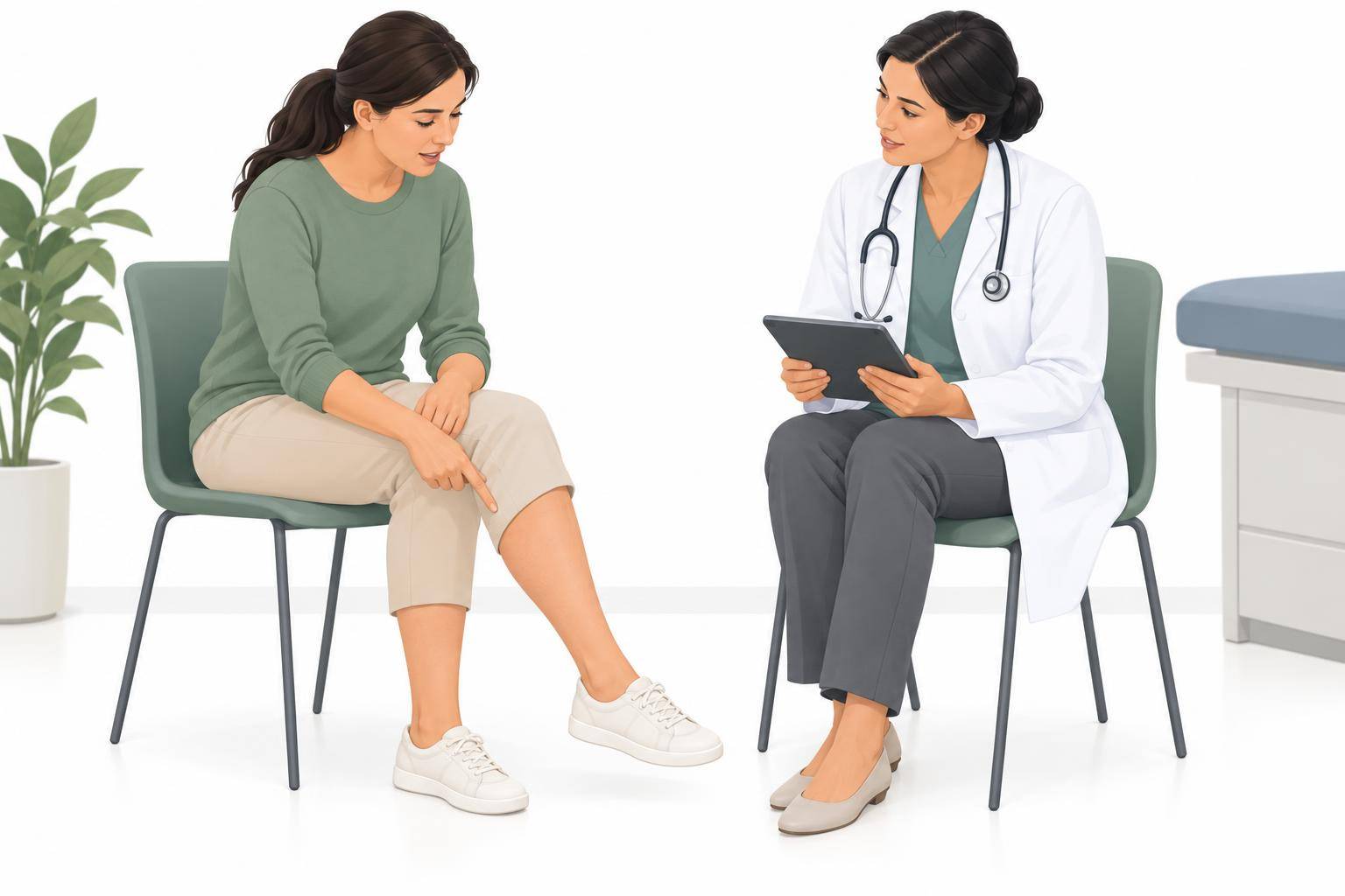 A seated patient points to her knee while a clinician in a white coat holds a tablet and listens
