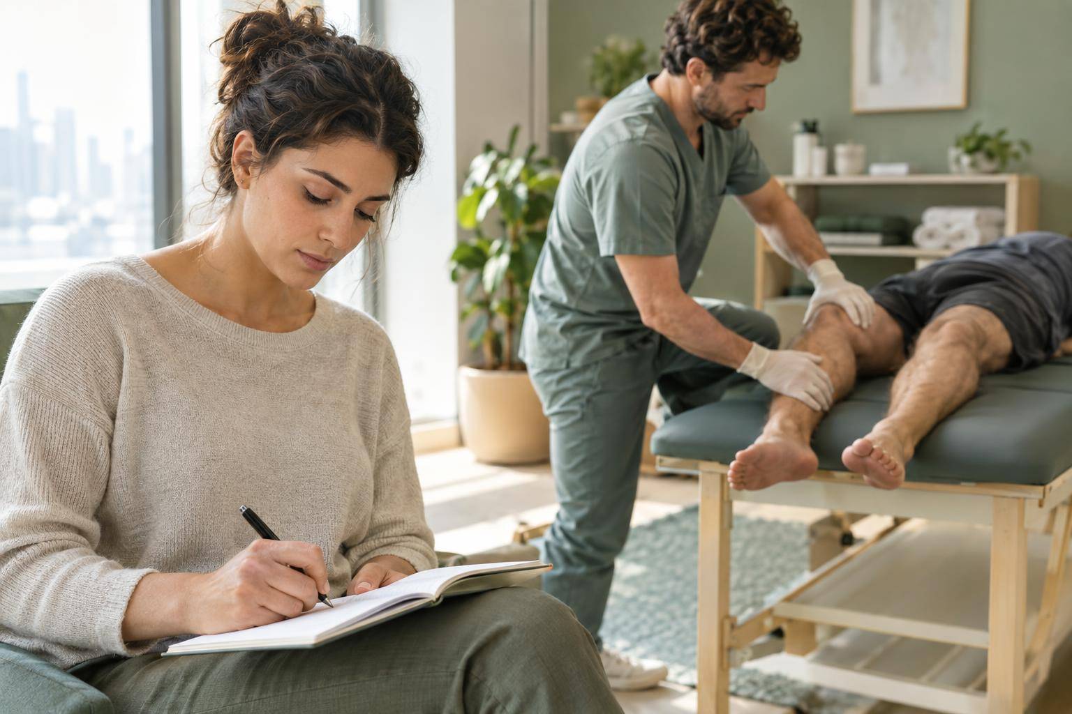 A woman writes in a notebook while a gloved clinician examines a person's leg on a treatment table