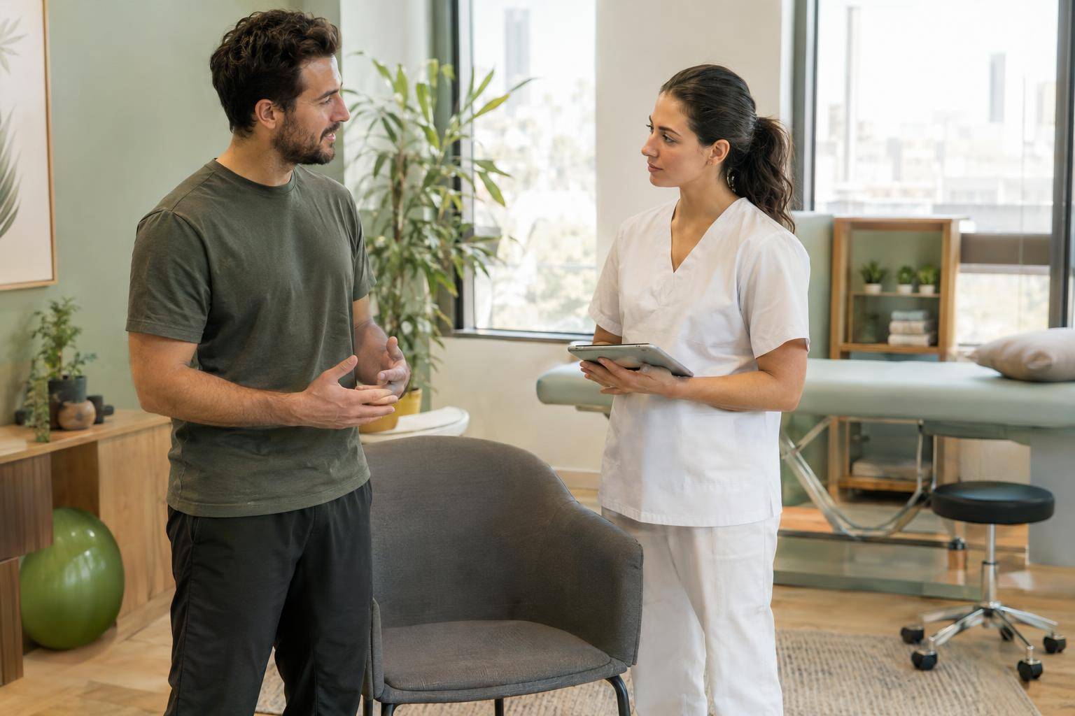 A man in casual clothes talks with a woman in white scrubs holding a tablet in a clinical room