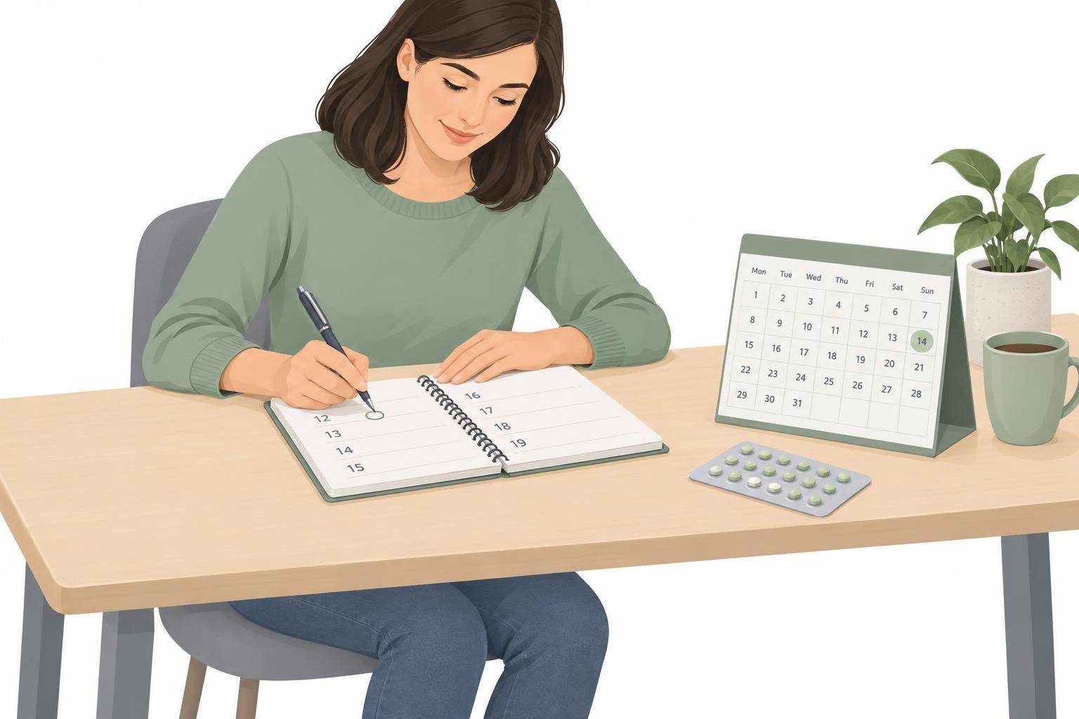 A woman writes in a spiral planner at a desk with a calendar, a blister pack of pills, a mug, and a potted plant