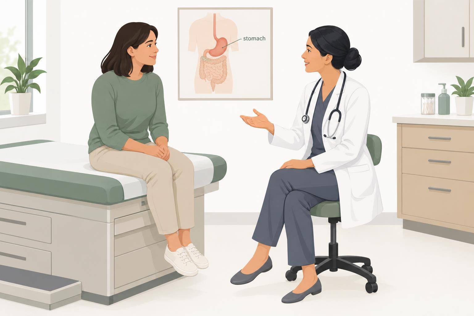 A patient sits on an examination table talking with a seated clinician, with a digestive system poster on the wall