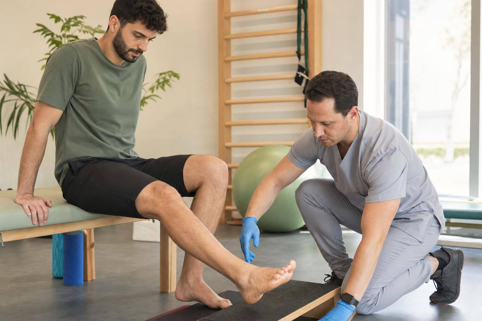 Runner performing a slow heel-drop off a step while a therapist guides the tempo