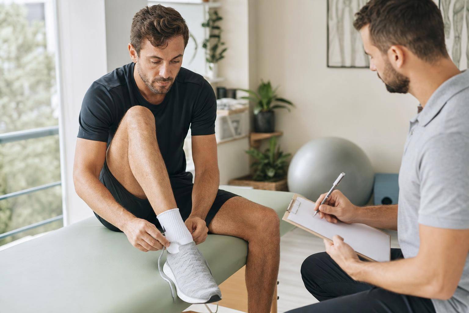 Runner lacing up on a clinic bench for a graded return to running, with a therapist nearby