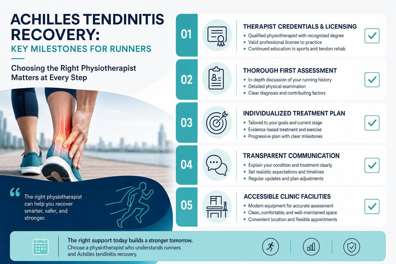 Checklist-style infographic showing therapist credentials, assessment, treatment plan, and clinic access