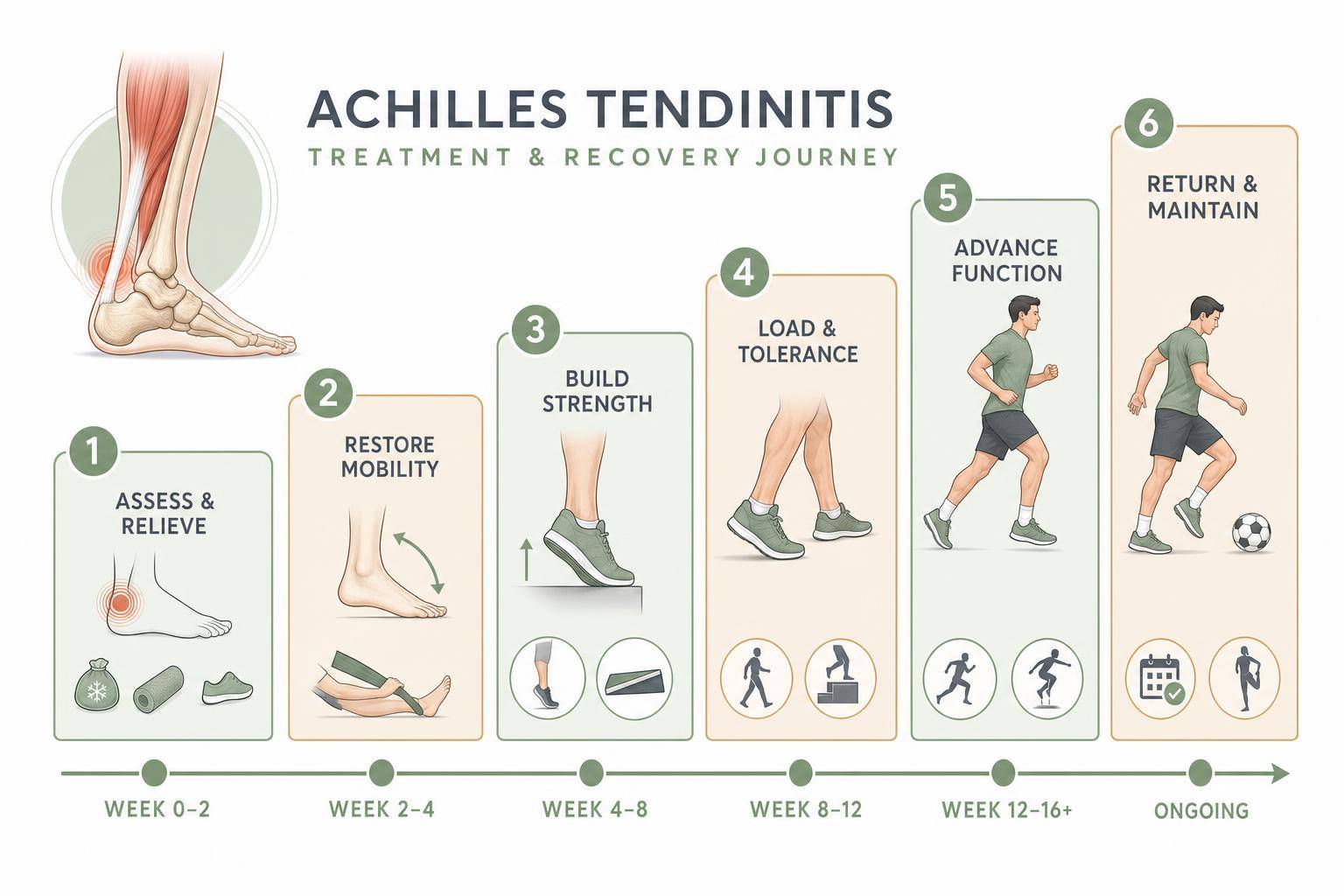 Simple flow infographic showing the physiotherapy treatment and recovery journey for Achilles tendinitis