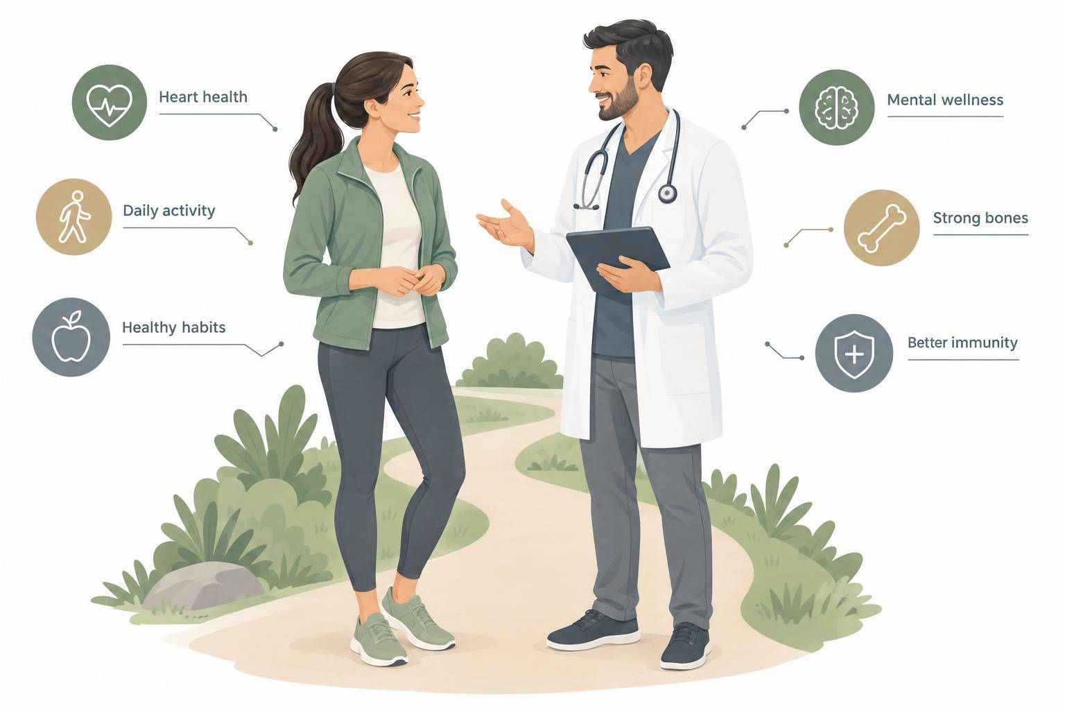 Two people talk beside a path, representing checks to consider before a first jog