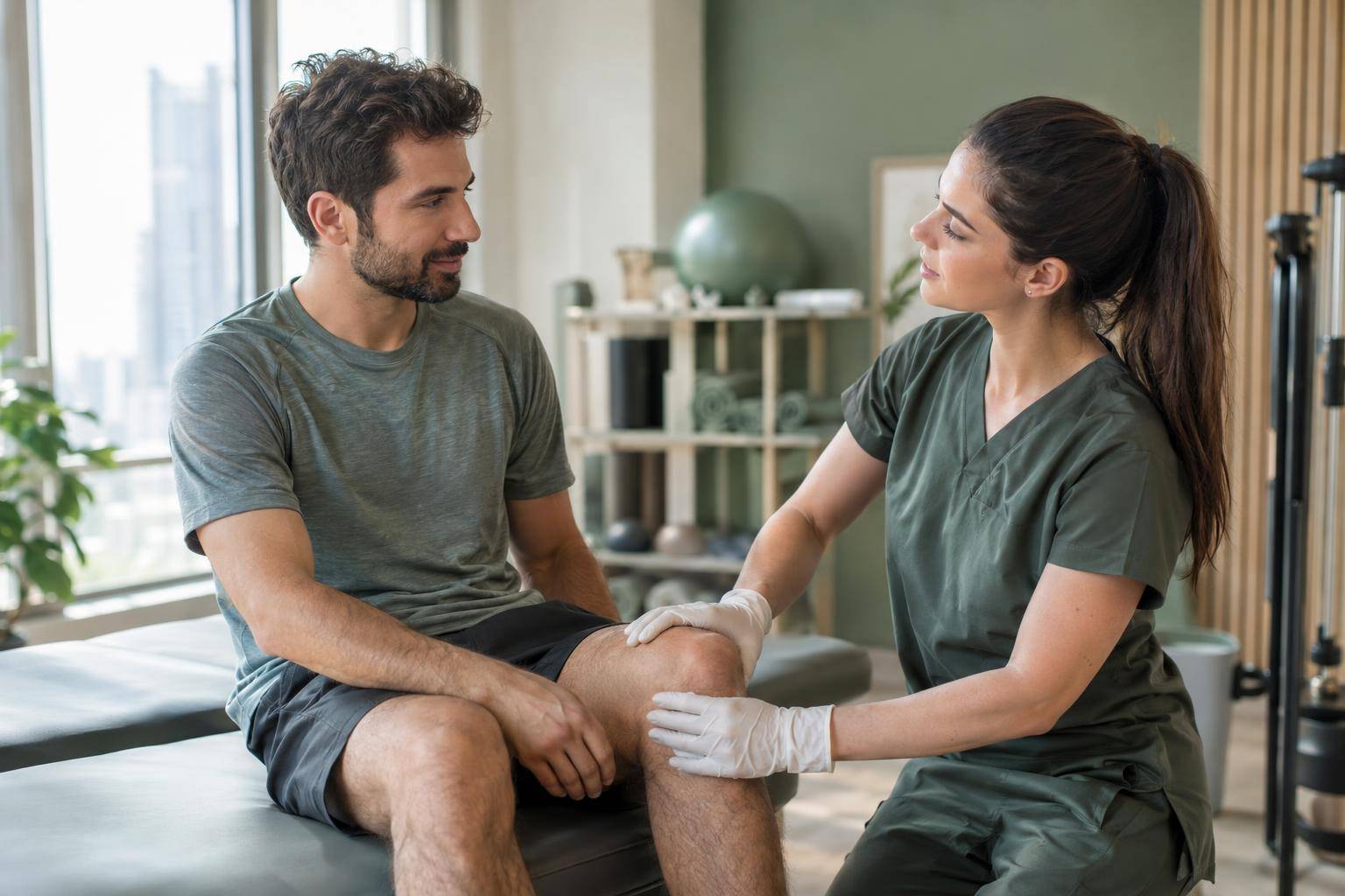 A person discusses jogging difficulties with a physiotherapist in an exercise room