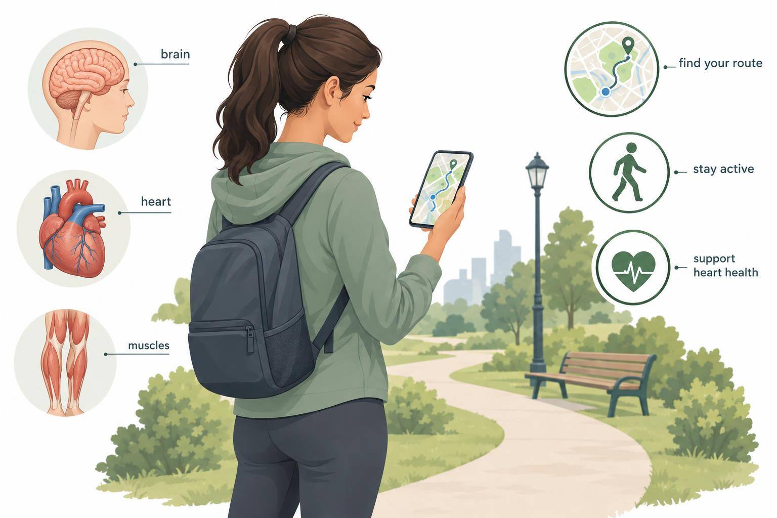 A person checks a route on their phone beside a park path before jogging