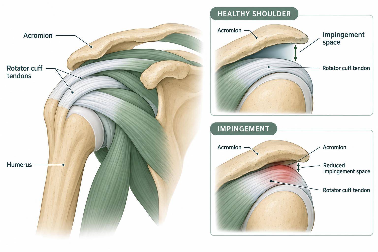 Medical diagram highlights the rotator cuff tendons and the space beneath the acromion where impingement can occur