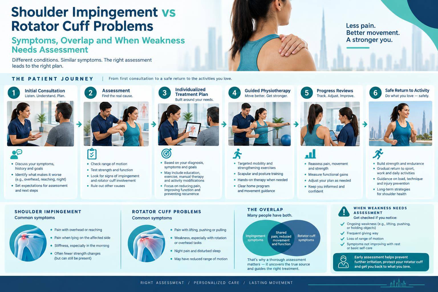 Infographic maps a care pathway from consultation and assessment through guided physiotherapy and return to activity
