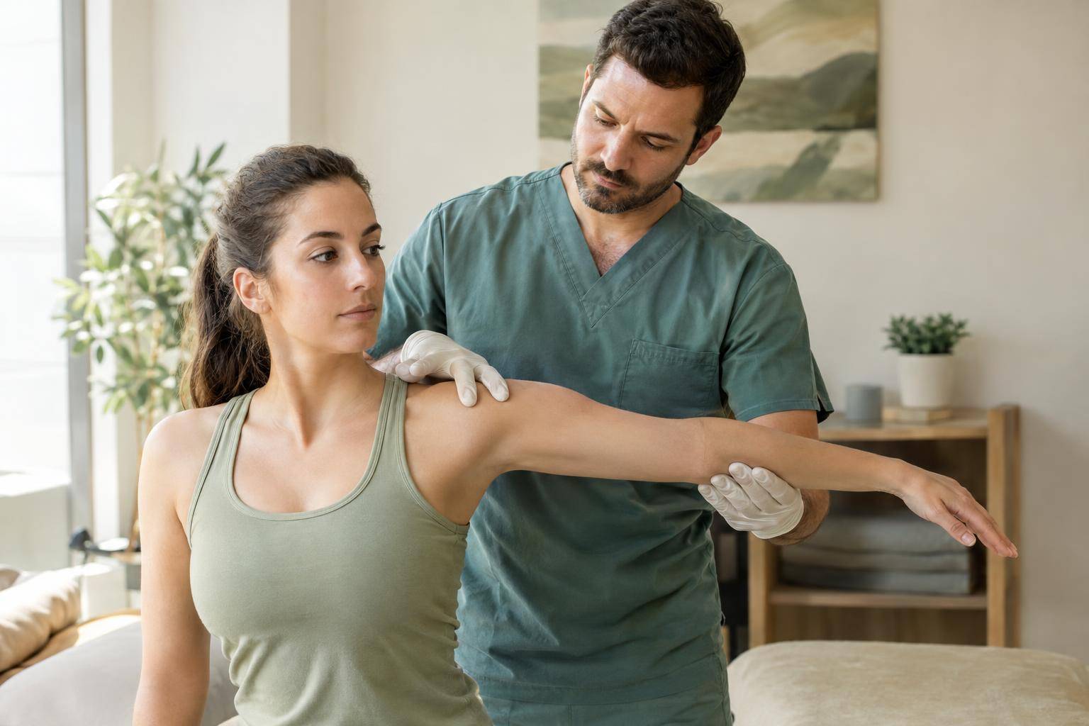 Therapist guides a patient's arm through shoulder movement tests during a clinical assessment