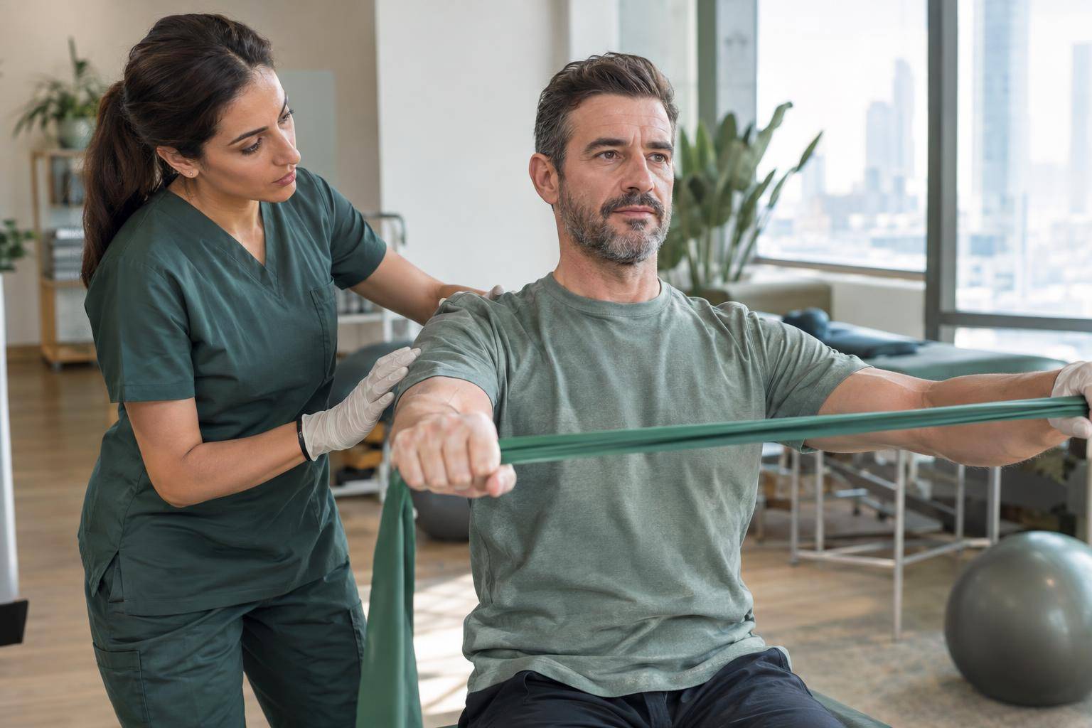 Patient performs a controlled resistance-band shoulder exercise while a therapist provides guidance