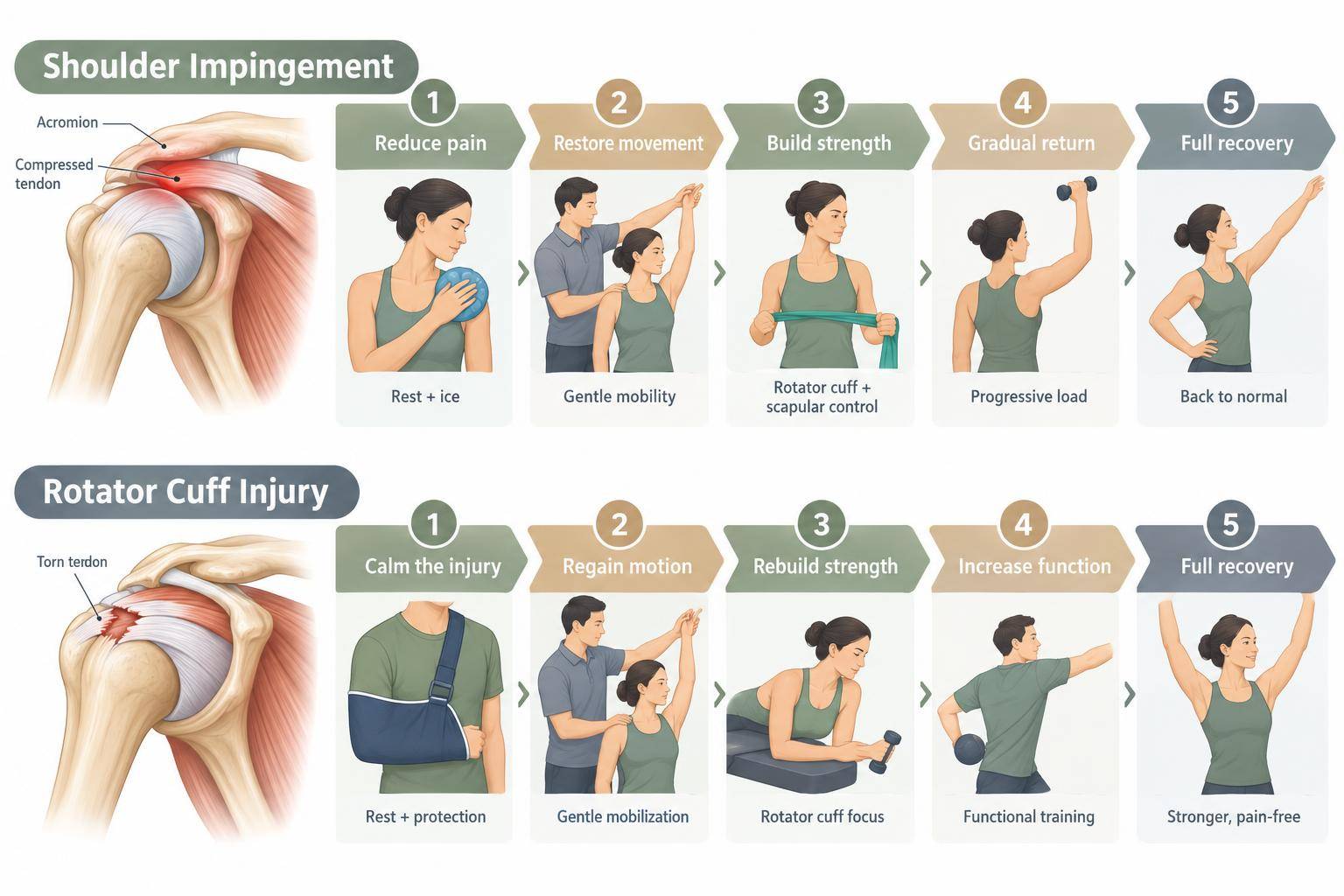 Stepped infographic shows stages of physiotherapy treatment and recovery for shoulder impingement and rotator cuff problems