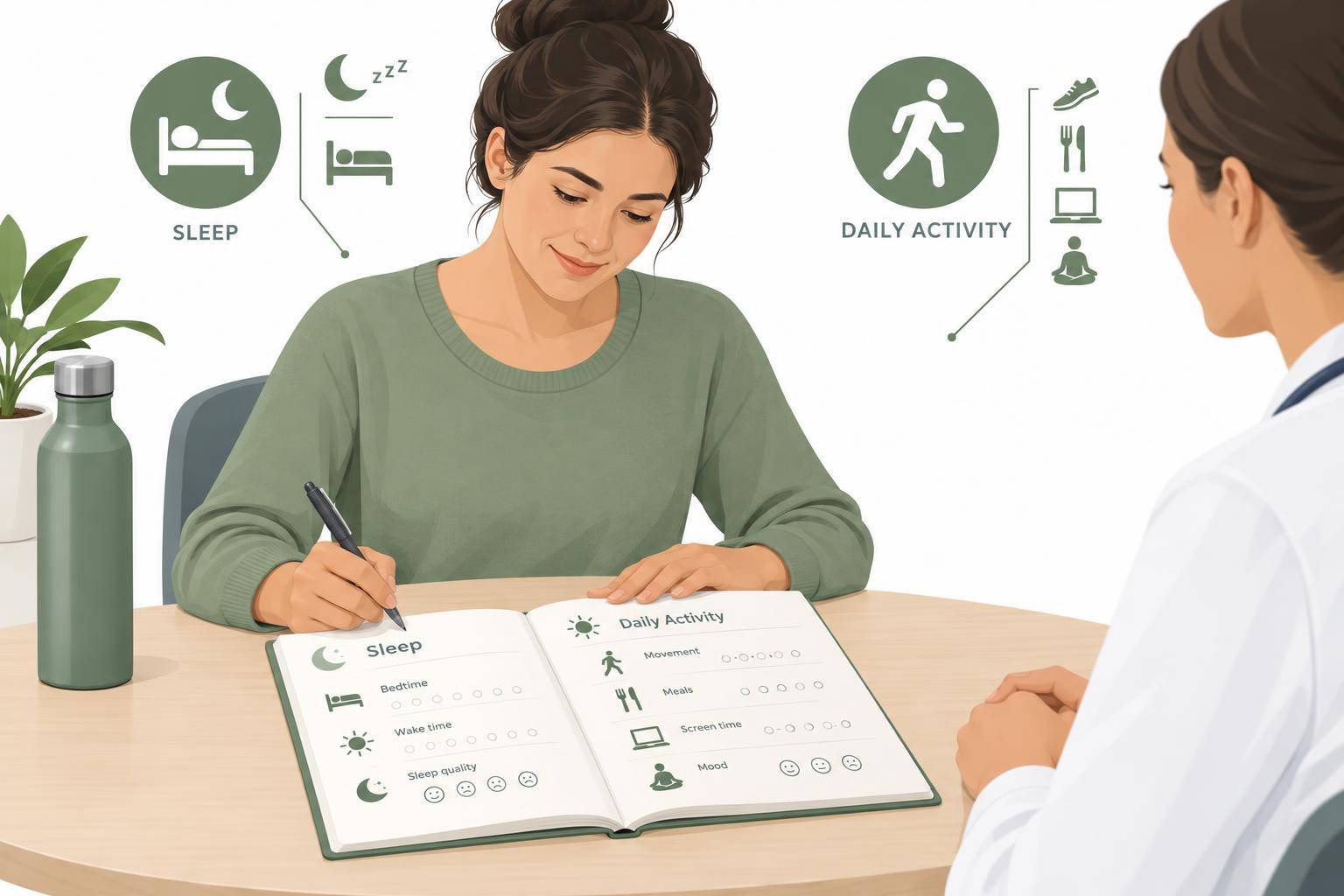An adult reviews a sleep and daily activity journal at a clinic table