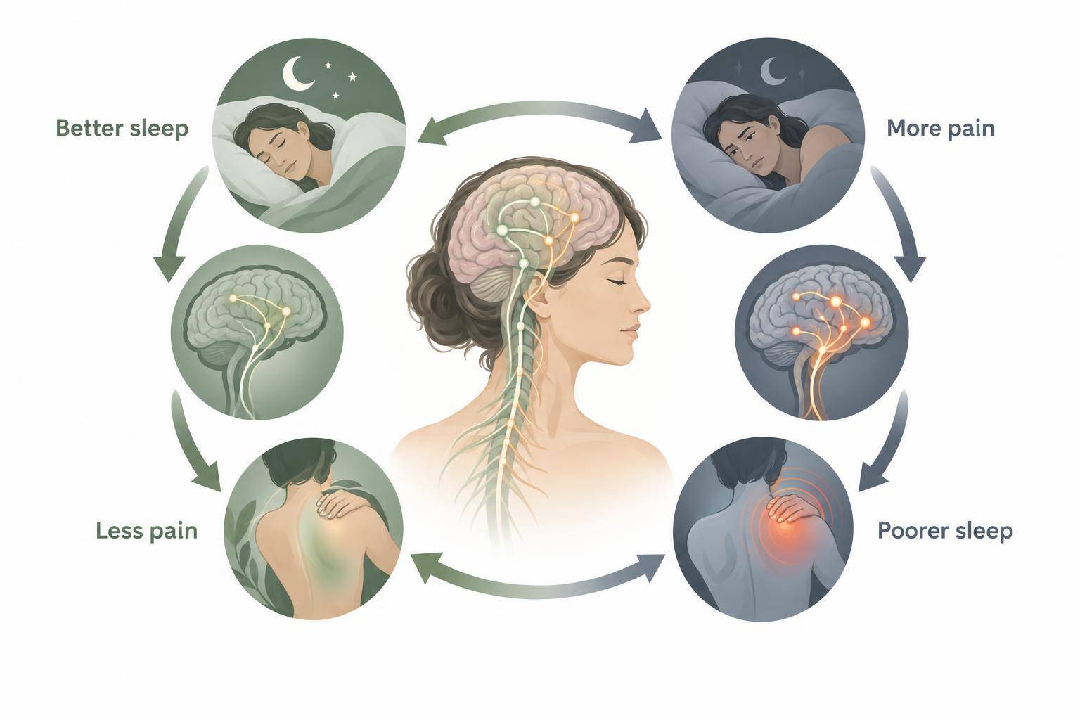 A diagram depicts sleep and pain as two connected, interacting experiences