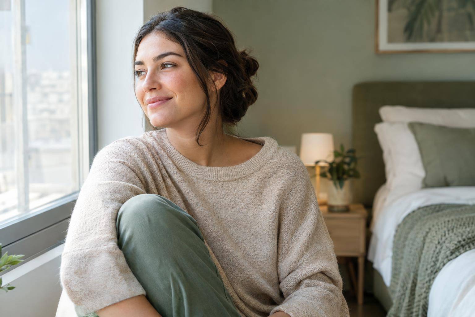 A person sits quietly near a bedroom window in soft morning light