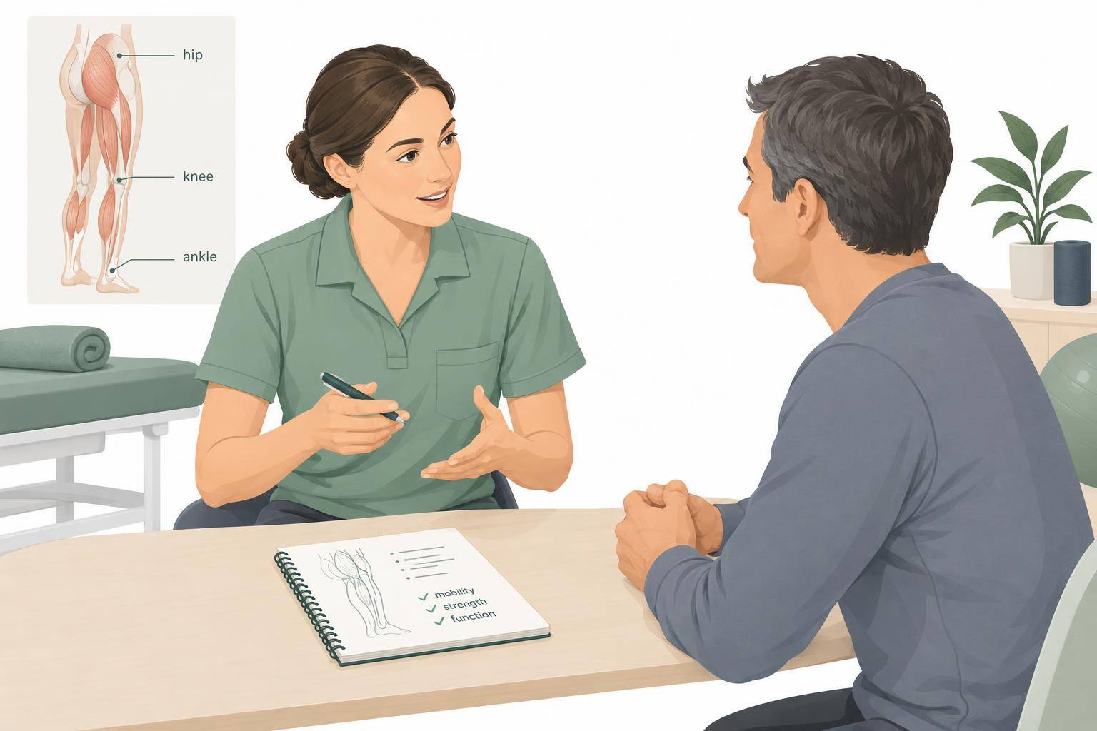 A physiotherapist and an adult discuss daily experiences beside a notebook