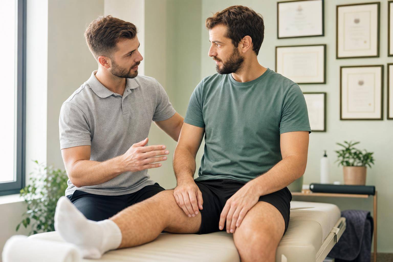 Physiotherapist consulting with a patient in a calm treatment room
