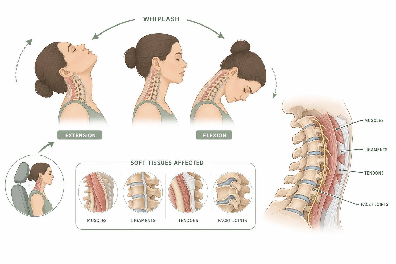 Diagram showing the neck's rapid back-and-forth motion during a rear-end collision