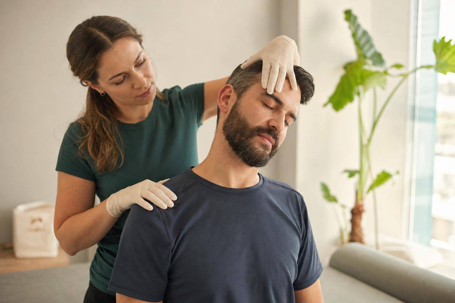 Therapist guiding gentle early neck movement after whiplash