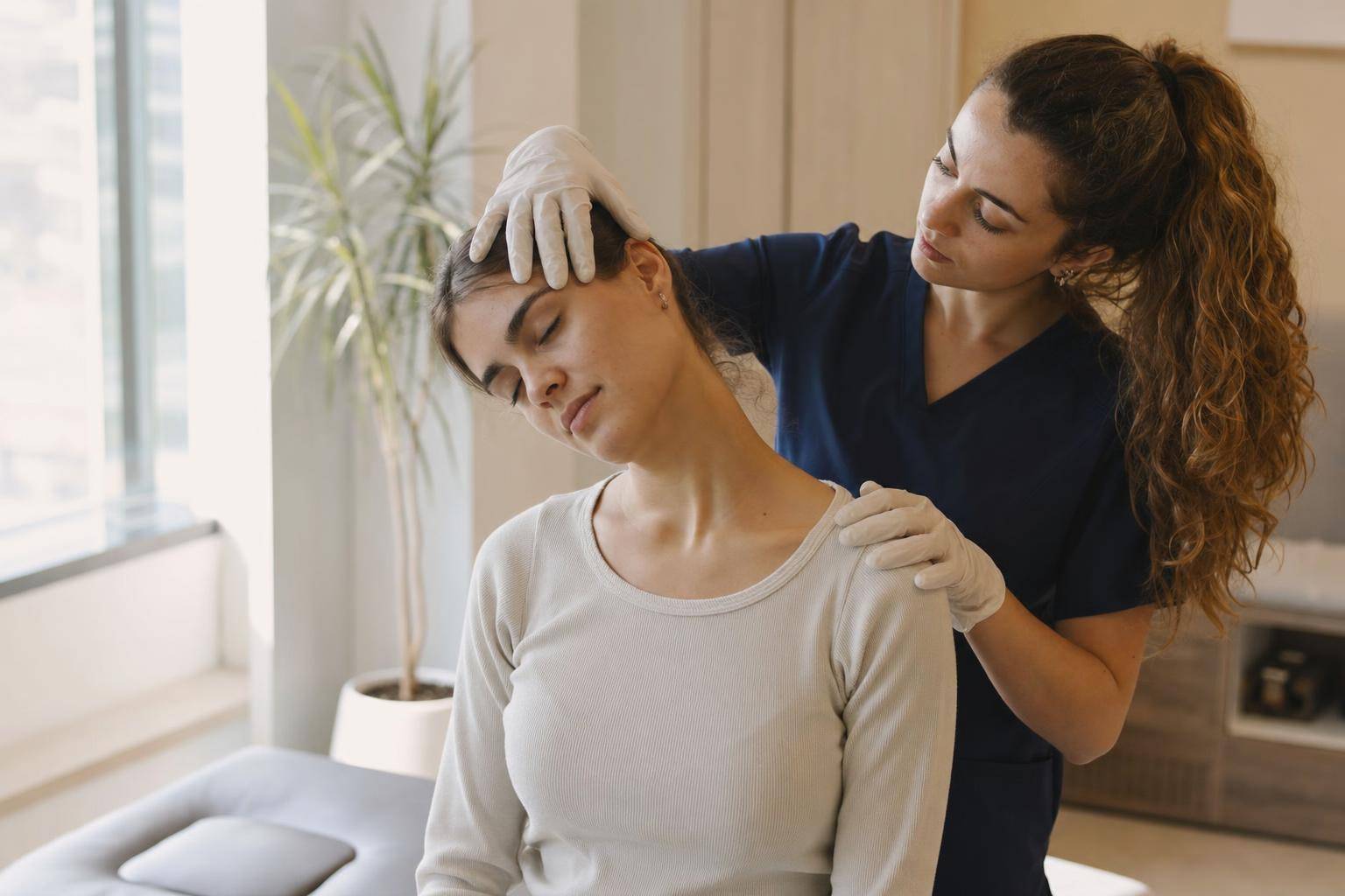 Patient doing a neck-strengthening exercise during whiplash recovery