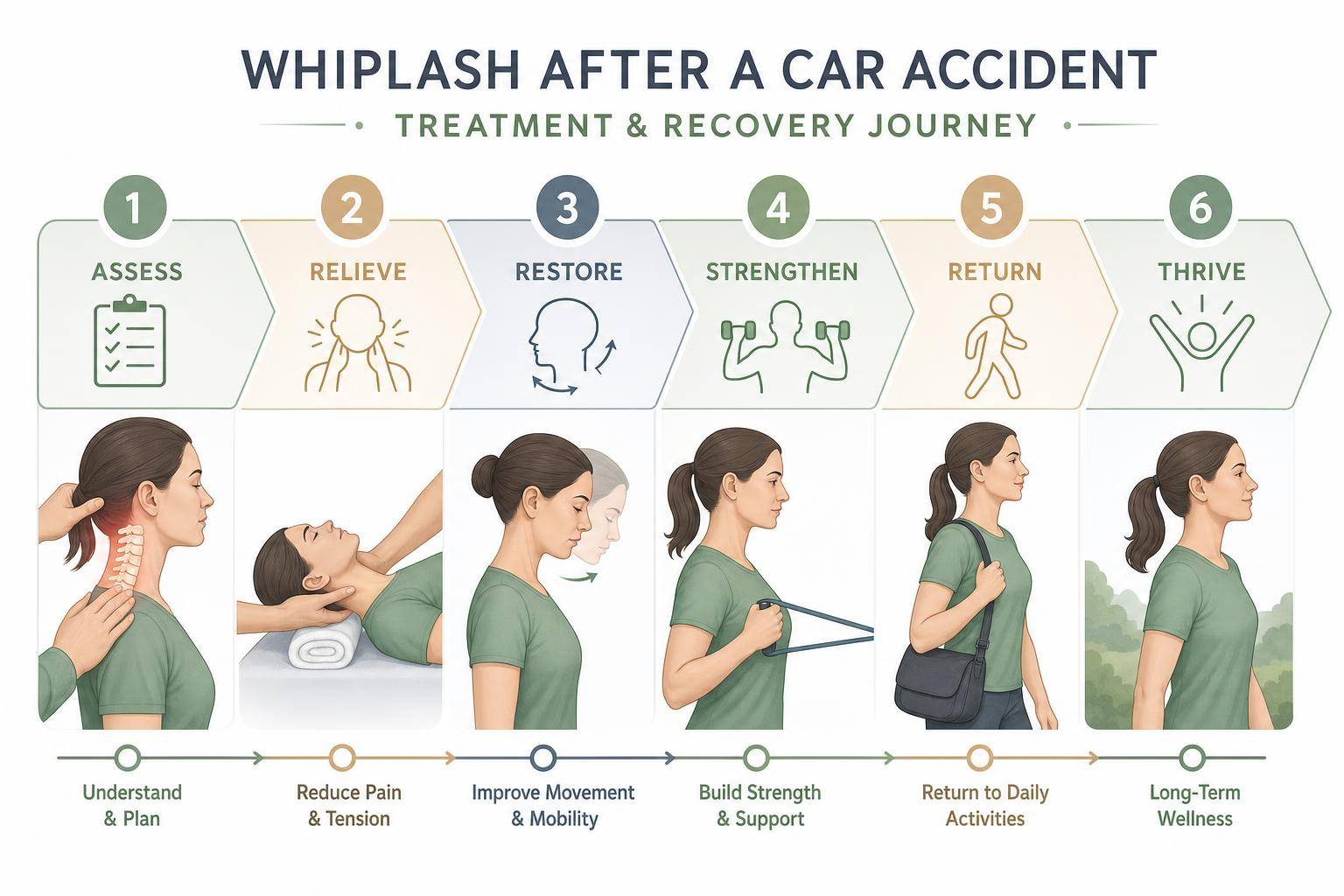Simple infographic of the physiotherapy treatment and recovery journey for whiplash after a car accident