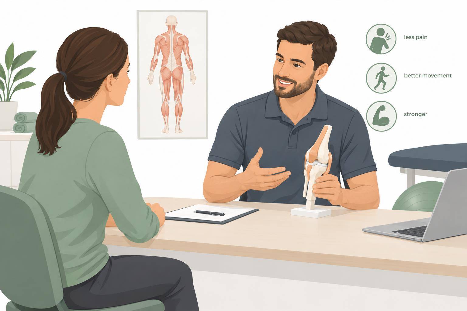 A patient and physiotherapist talk across a desk in a consultation room before treatment