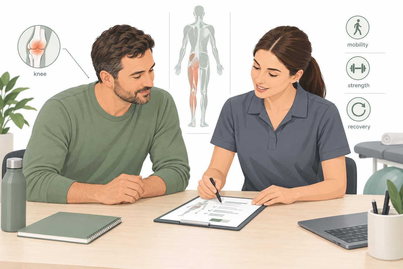 A patient and physiotherapist review notes together at a desk
