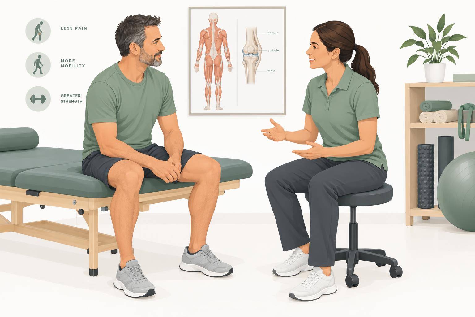 A patient and physiotherapist sit together in a treatment room for a conversation
