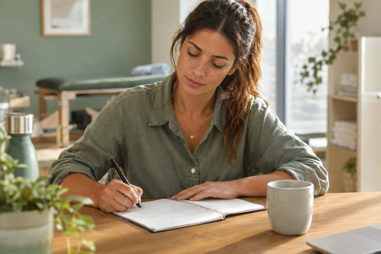 A person writes notes about how daily activities affect their symptoms at a table