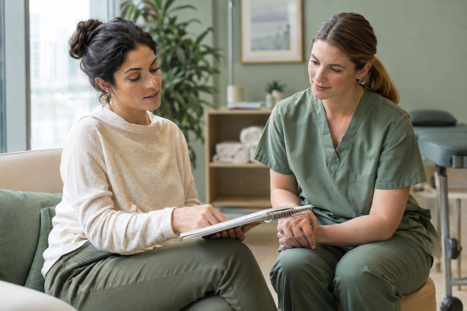 A patient reviews a notebook while discussing their care with a therapist