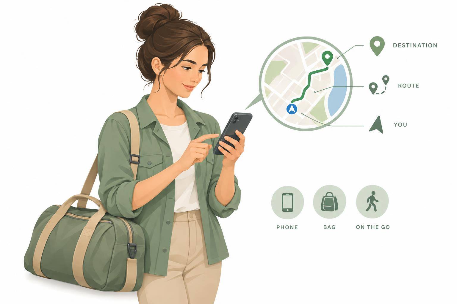 A person checks directions on a phone beside a packed bag before travelling to an appointment