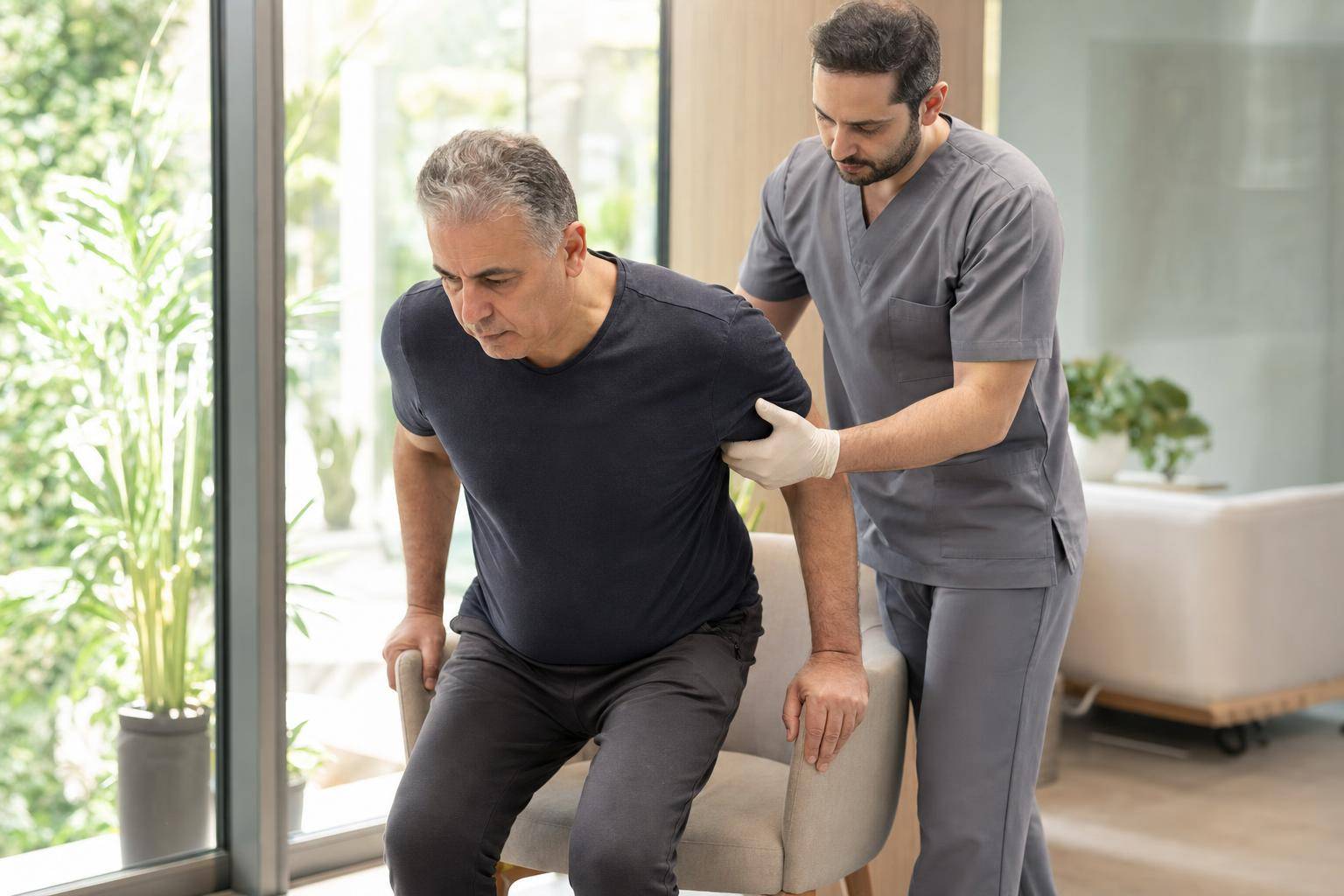 Adult doing a sit-to-stand strengthening exercise for knee osteoarthritis
