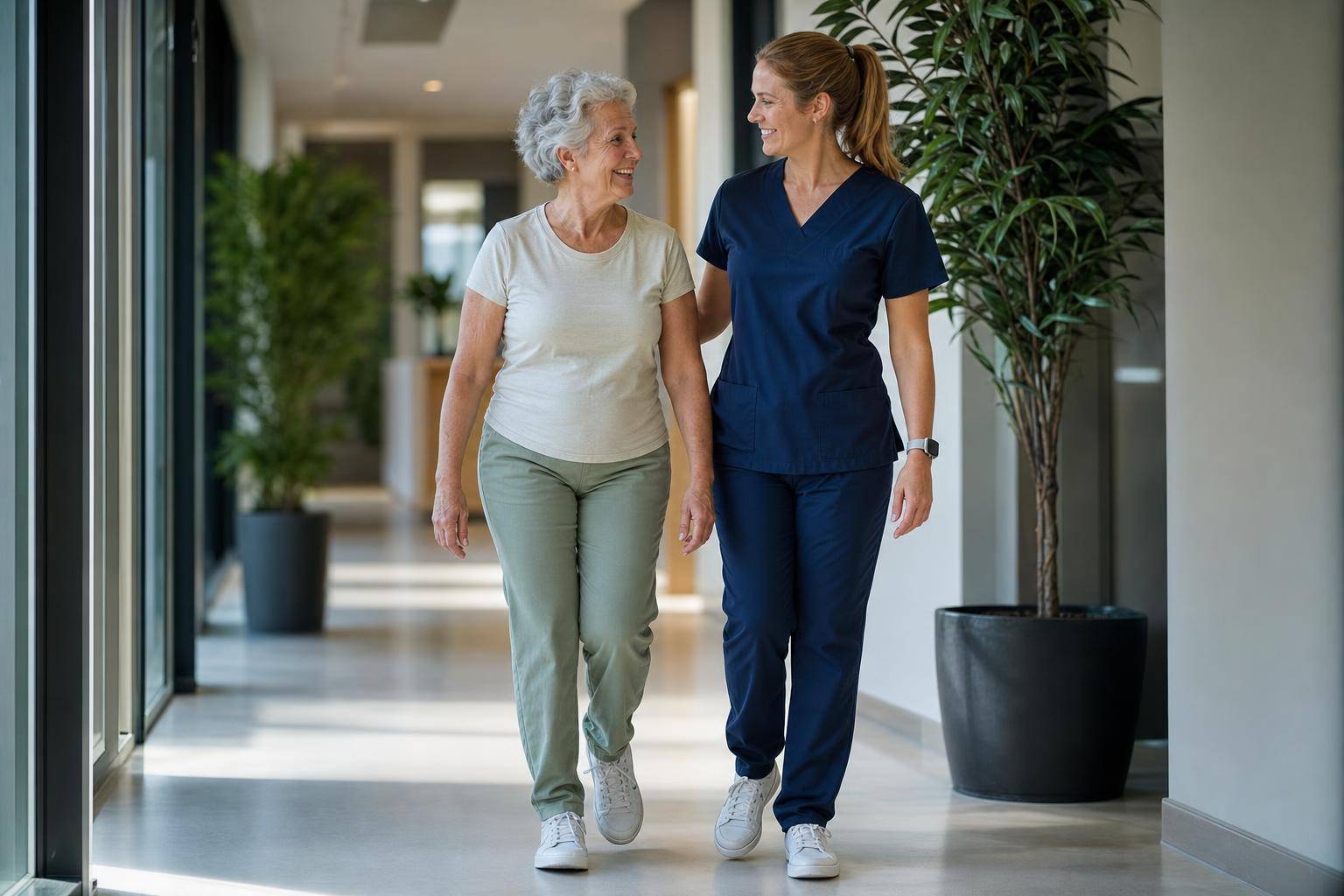 Older adult walking confidently after knee osteoarthritis physiotherapy