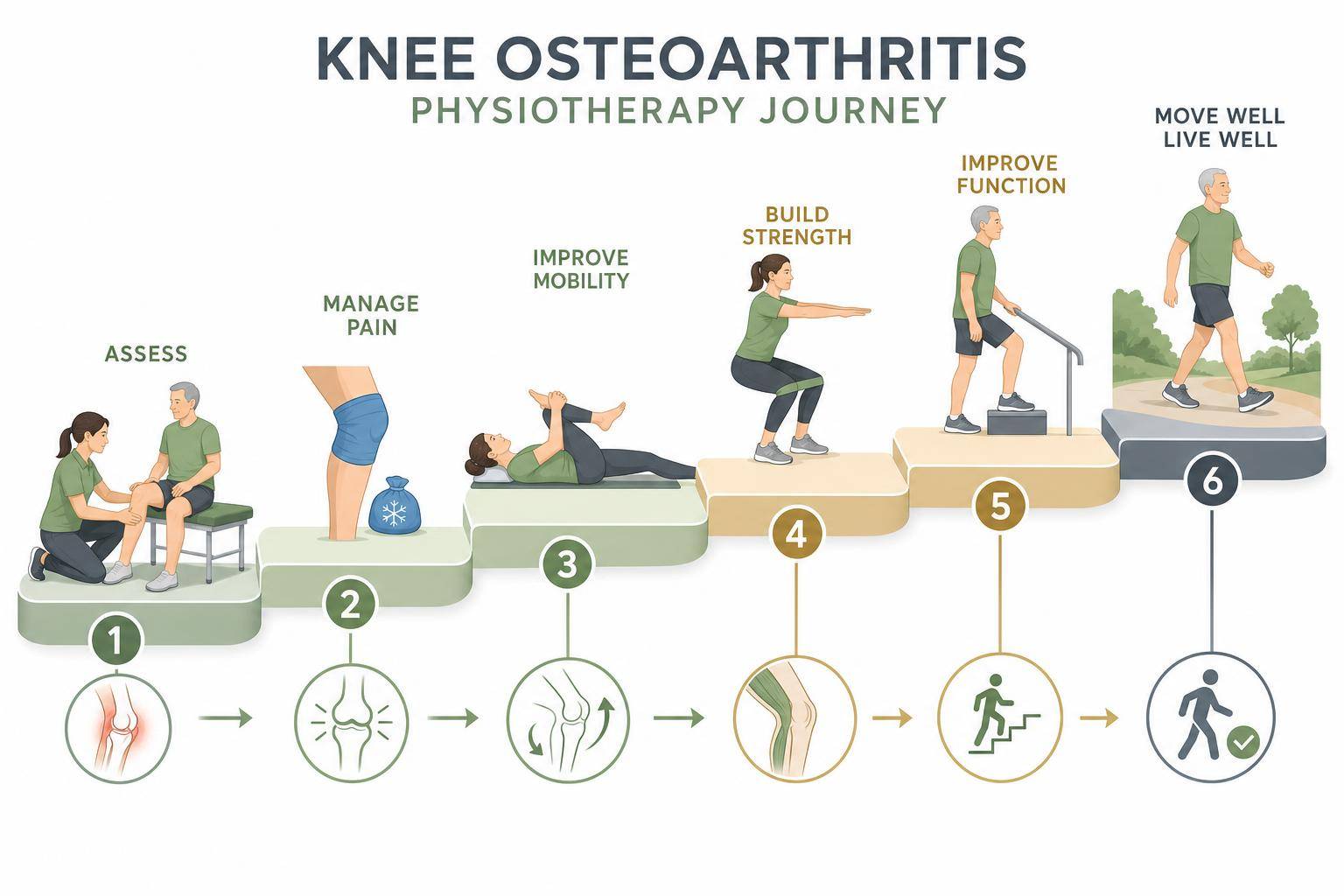 Infographic of the physiotherapy treatment and recovery journey for knee osteoarthritis