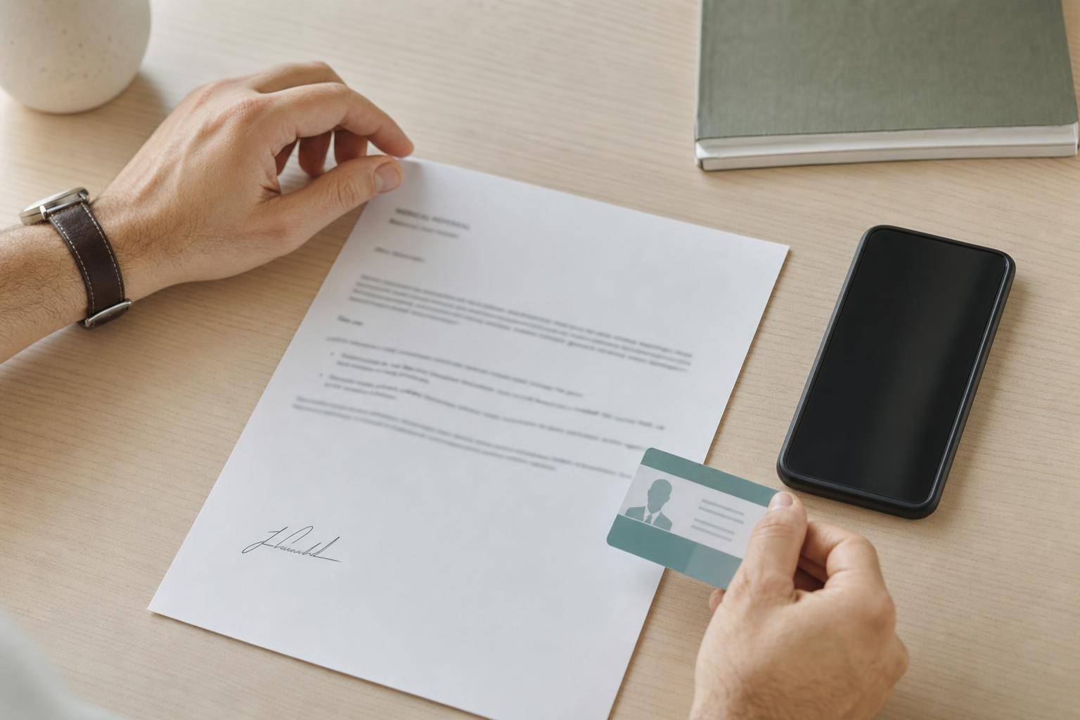 Referral letter, ID card, and phone arranged on a desk as a patient prepares for physiotherapy