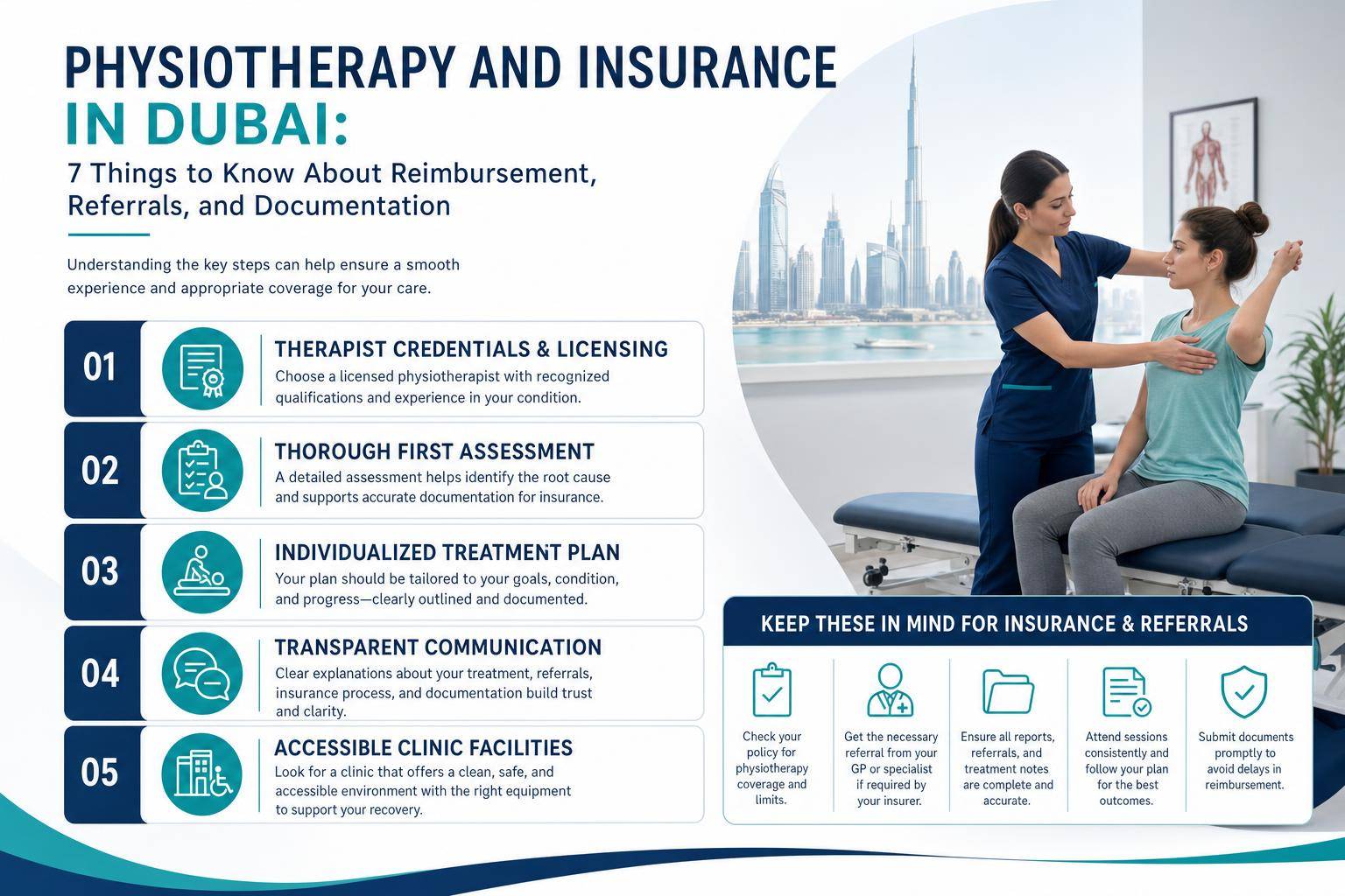 Healthcare infographic showing credentials, assessment, treatment plan, communication, and access