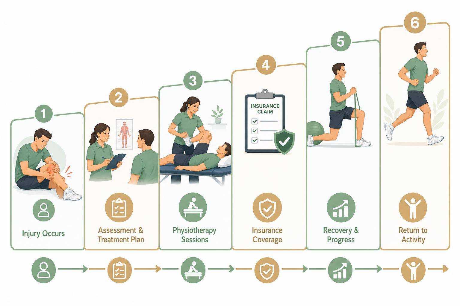 Stepped infographic showing the usual physiotherapy visit, treatment, and recovery journey