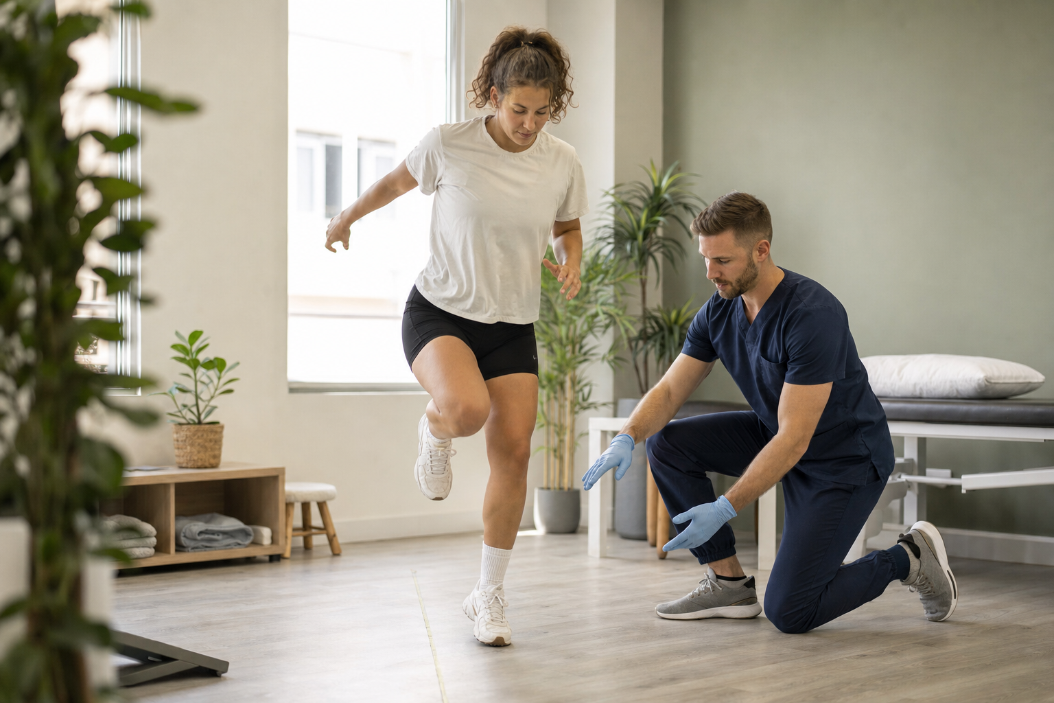 Athlete completing a return-to-play test with a physiotherapist