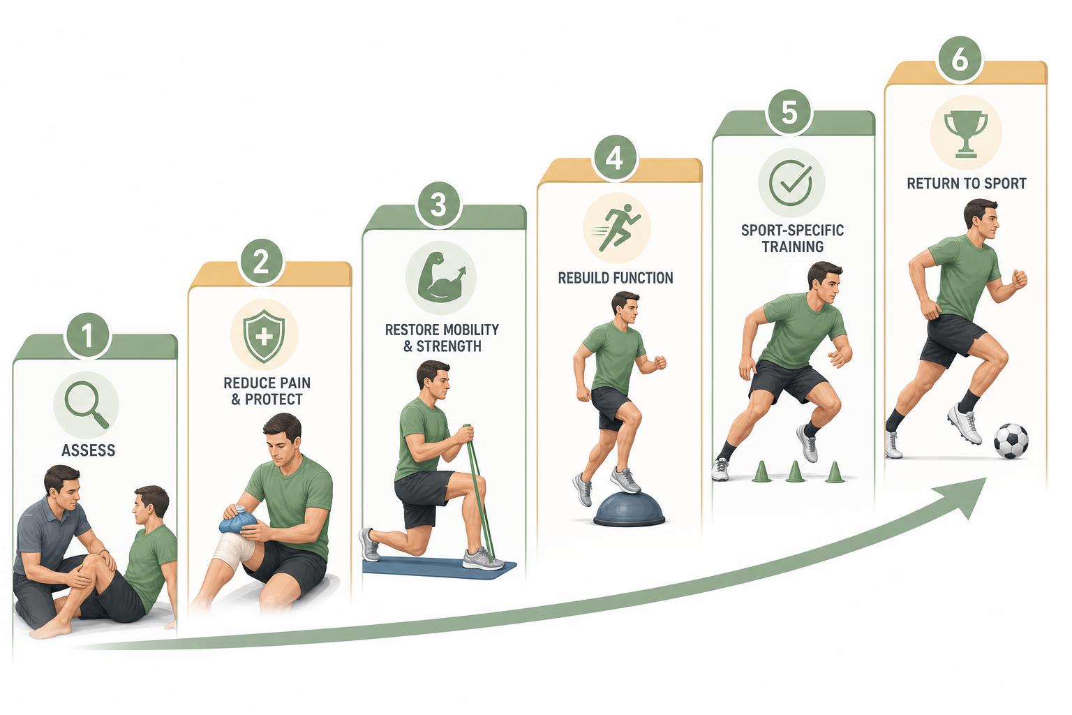 Infographic of the physiotherapy treatment and recovery journey for sports injury rehabilitation