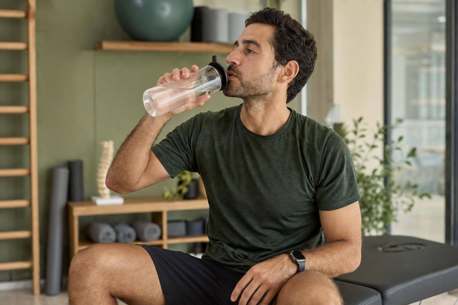 Person pausing an indoor workout to rest and hydrate