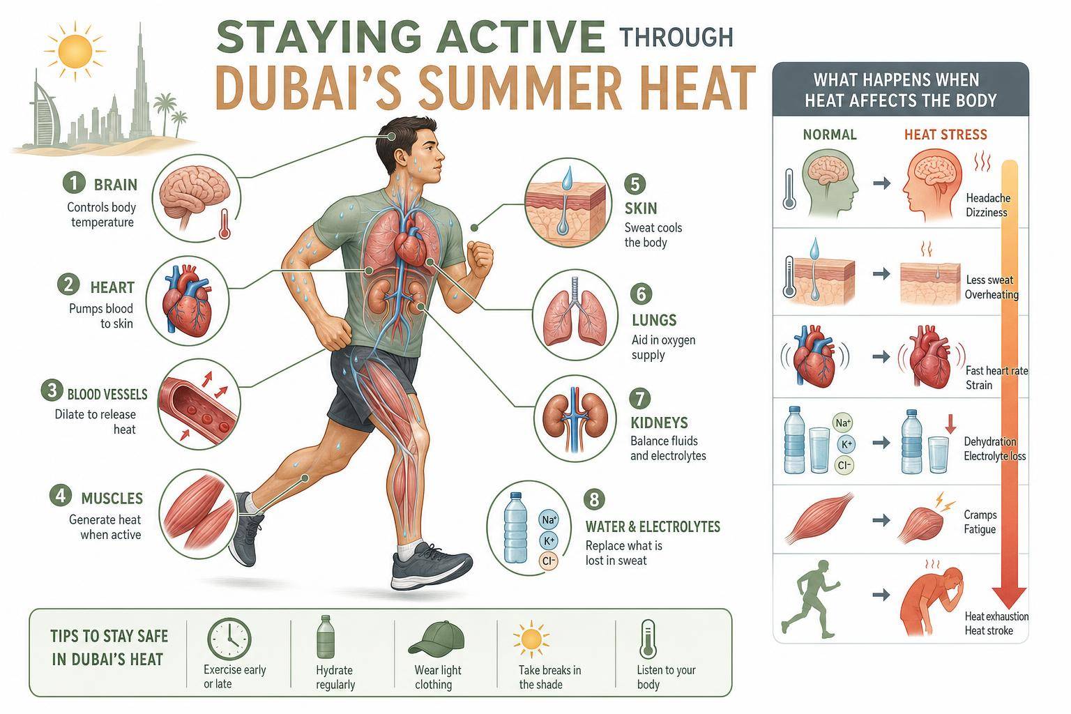 Labeled medical diagram explaining the anatomy of staying active through dubai's summer heat