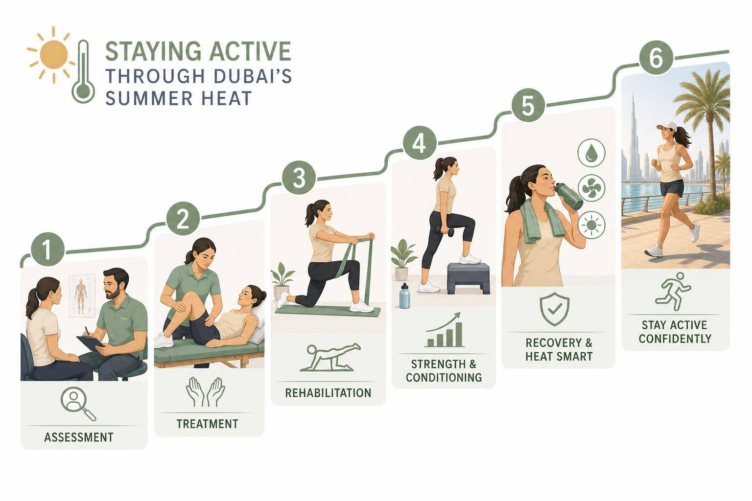 Infographic of the physiotherapy treatment and recovery journey for staying active through dubai's summer heat