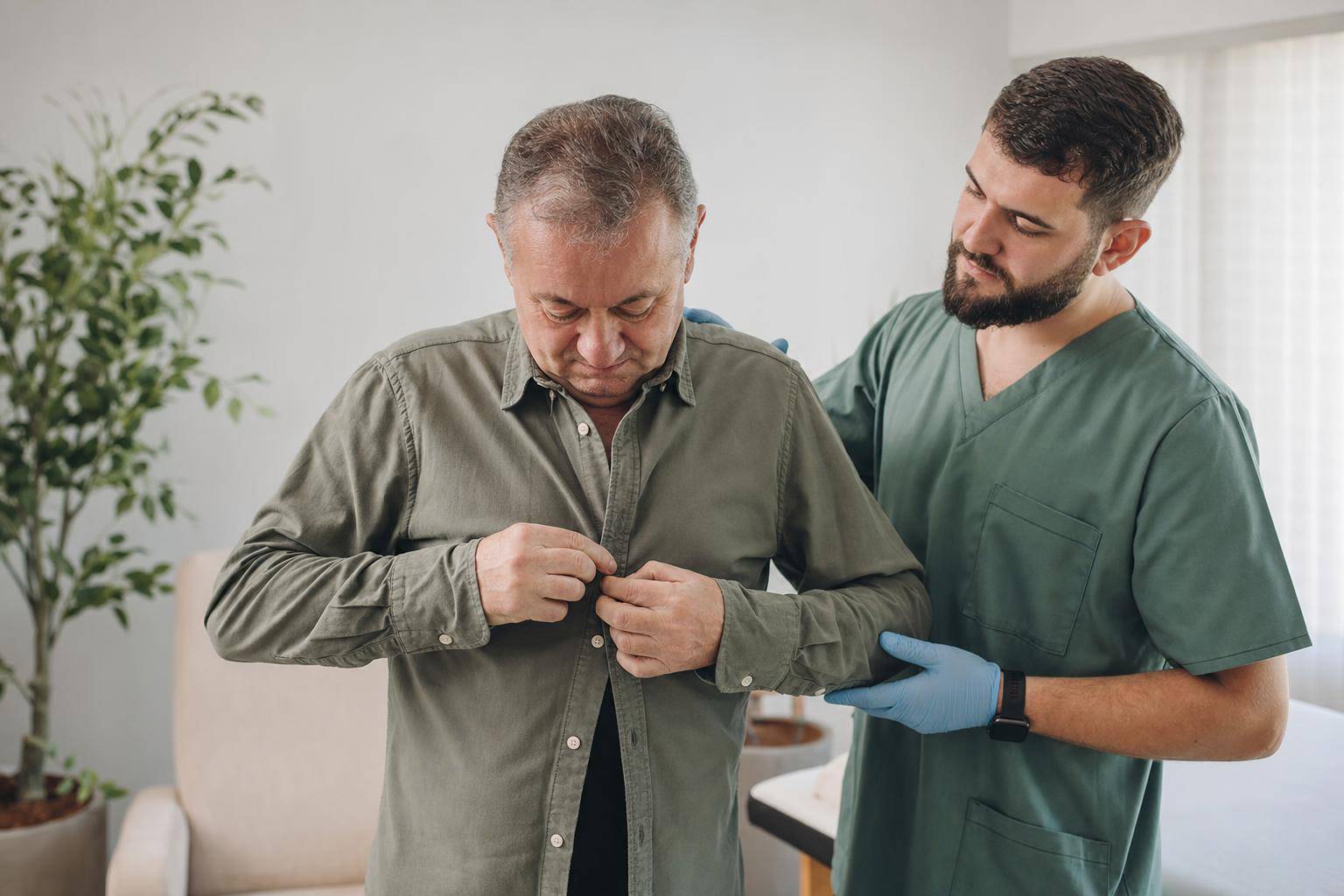 Patient practising a daily-living skill in stroke rehabilitation