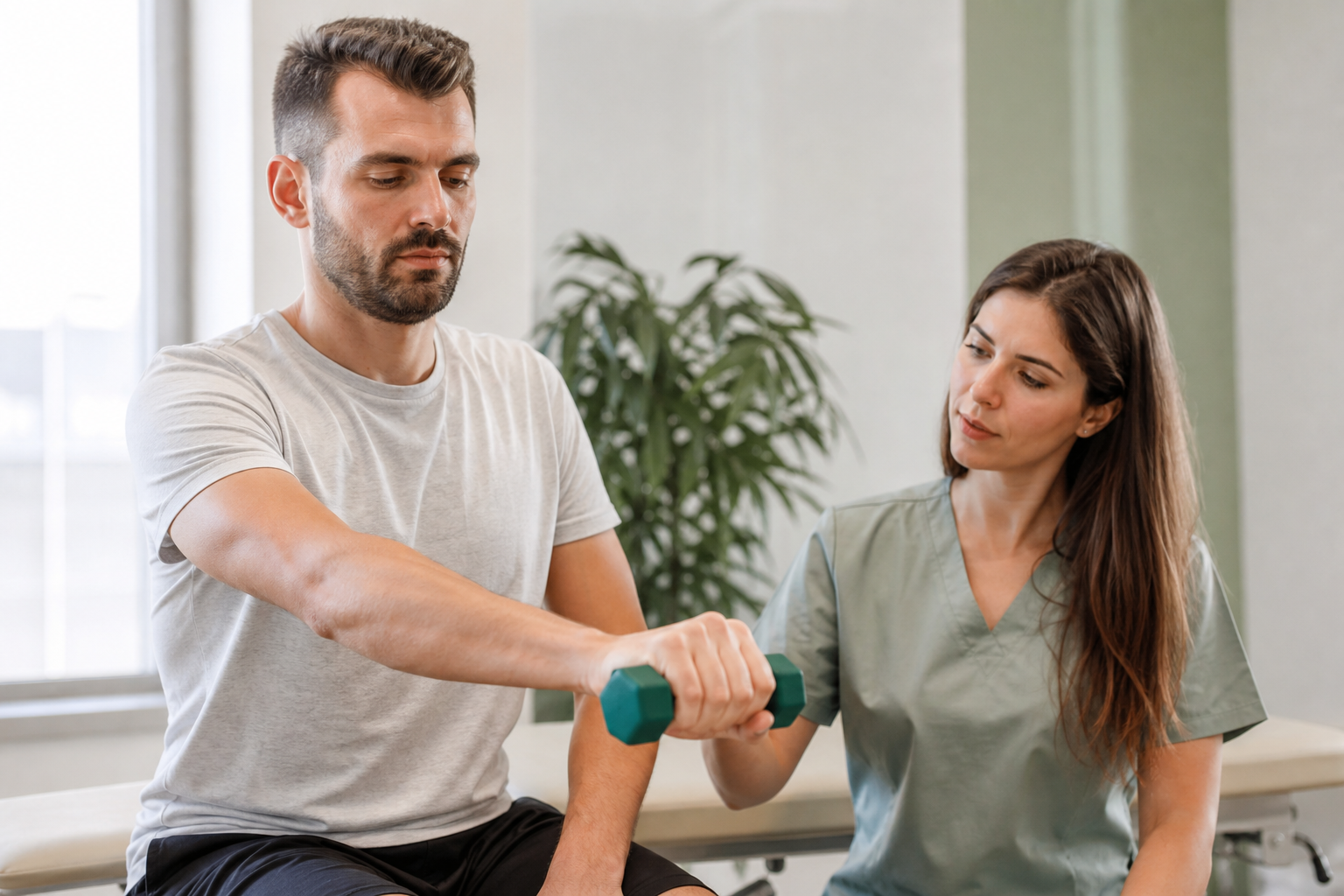 Patient doing a wrist-extension strengthening exercise for tennis elbow