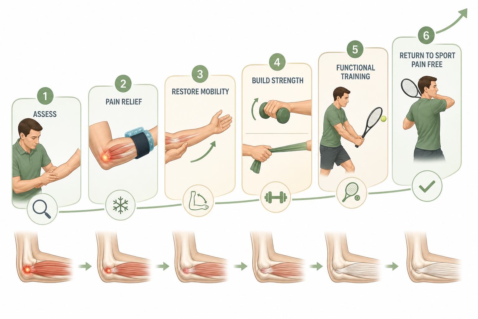 Infographic of the physiotherapy treatment and recovery journey for tennis elbow