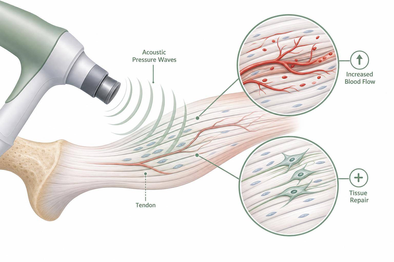Illustration of shockwave acoustic pulses stimulating tendon repair