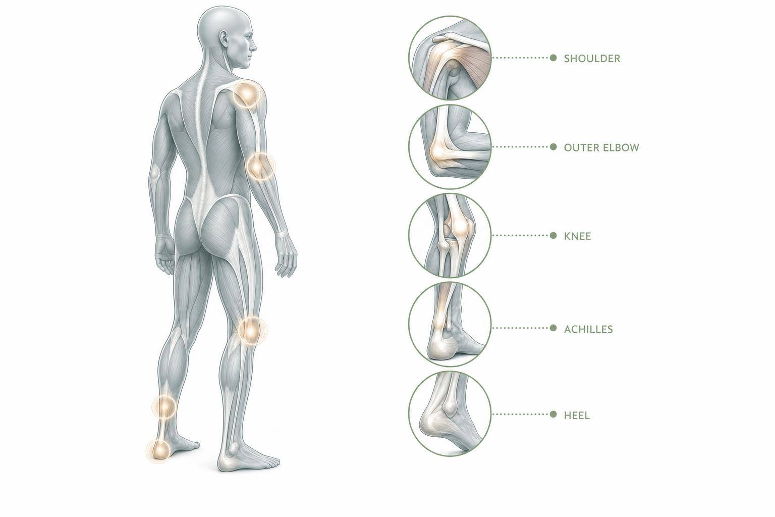 Body map of common conditions treated with shockwave therapy