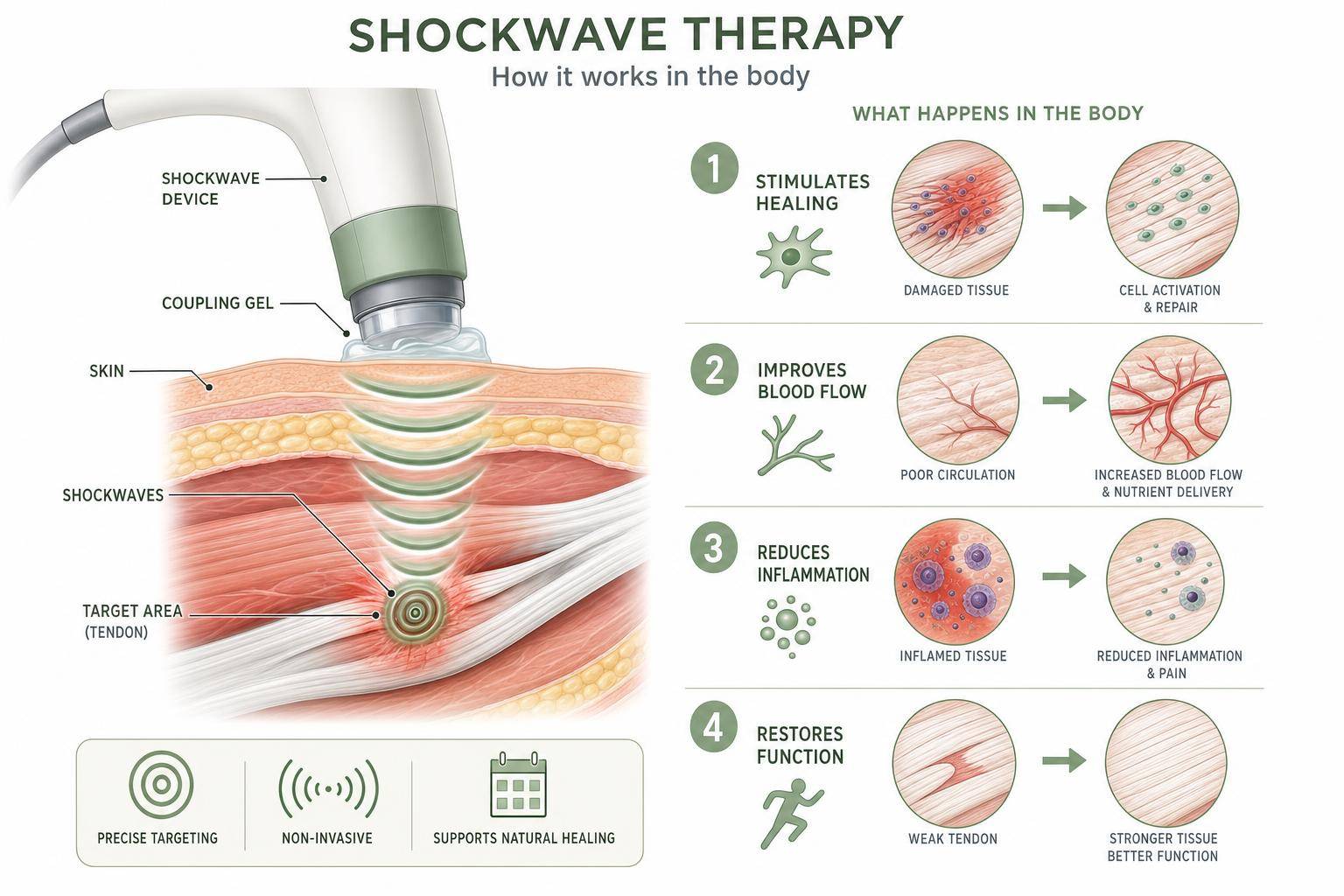 Labeled medical diagram explaining the anatomy of shockwave therapy