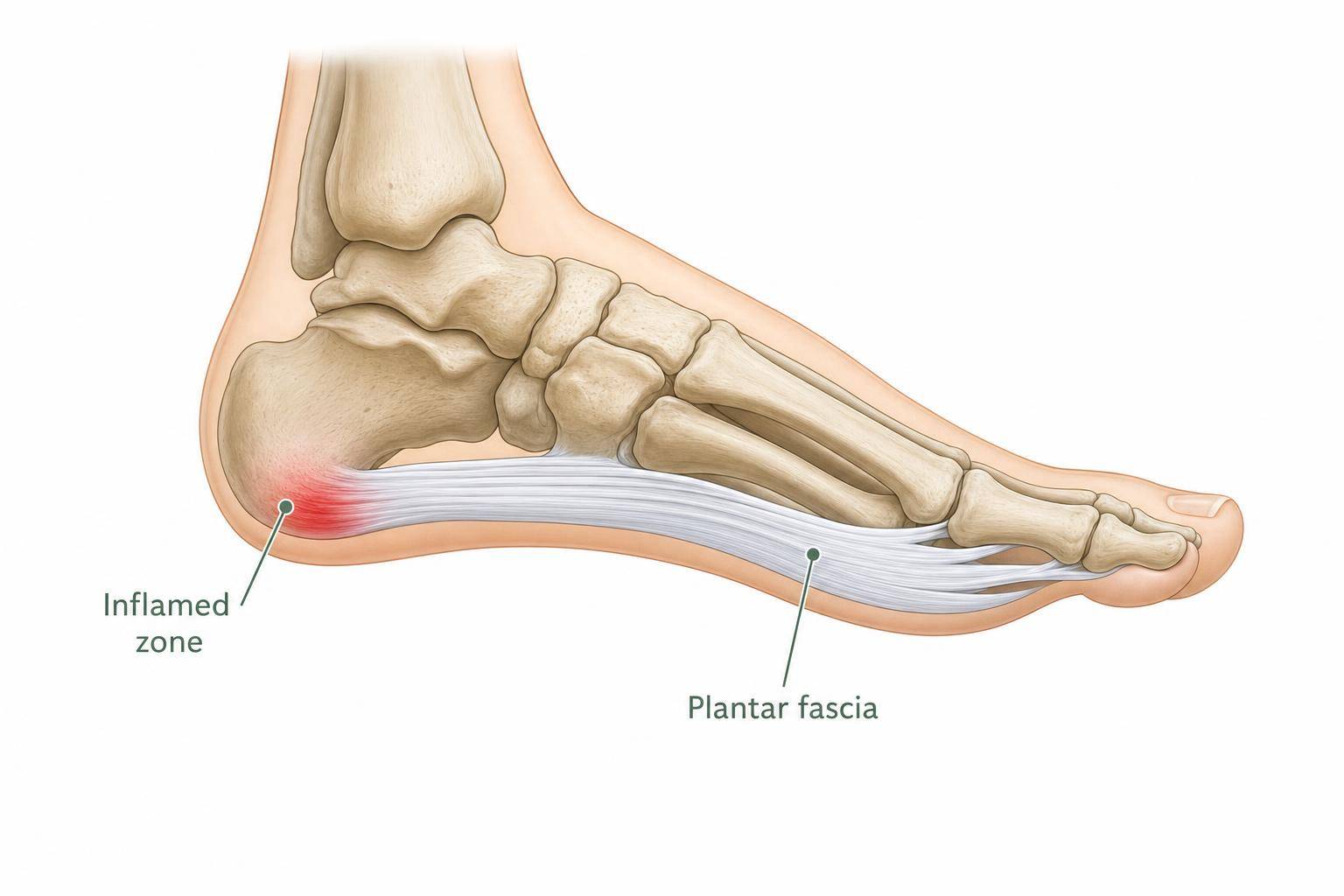 Illustration of the plantar fascia and the inflamed heel attachment point